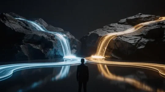Two flowing streams of light merging into a single pool, symbolizing the comparison between two decentralized stablecoin exchange protocols