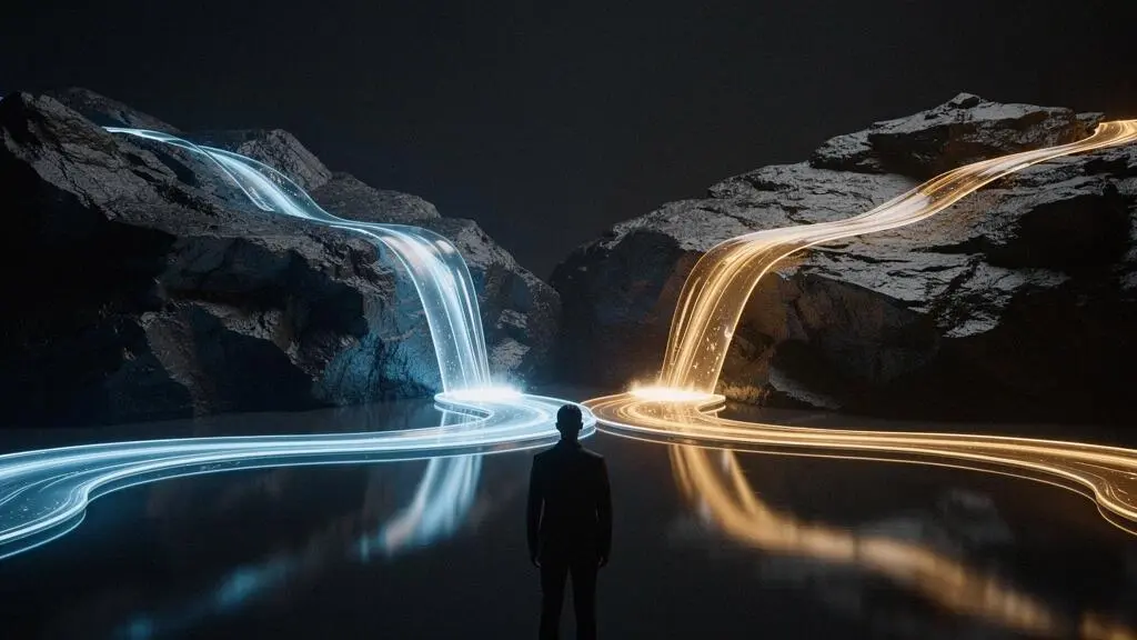 Two flowing streams of light merging into a single pool, symbolizing the comparison between two decentralized stablecoin exchange protocols