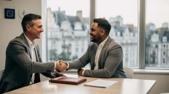 Founder and angel investor shaking hands over a closed portfolio in a light-filled London office, symbolizing a fair seed round valuation agreement