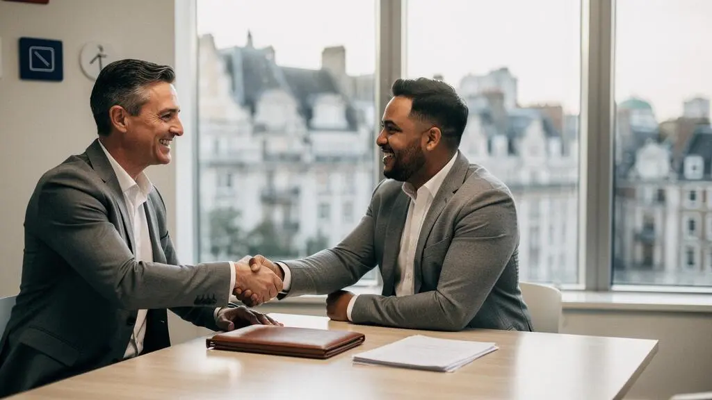 Founder and angel investor shaking hands over a closed portfolio in a light-filled London office, symbolizing a fair seed round valuation agreement