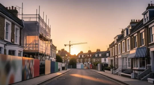 A quiet English terraced street at golden hour with scaffolding on a few facades, symbolizing a neighborhood on the verge of a property price spike