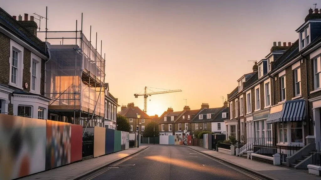 A quiet English terraced street at golden hour with scaffolding on a few facades, symbolizing a neighborhood on the verge of a property price spike