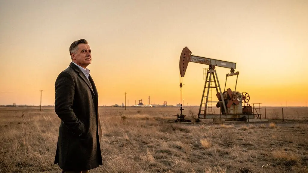 A lone investor contemplating an aging oil pump jack at golden hour, symbolizing the dilemma between value and decline in legacy industries