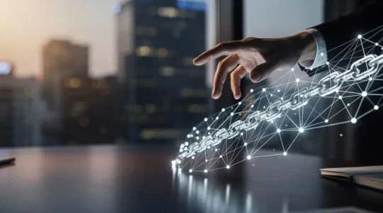 A hand tracing a luminous chain of light across a translucent ledger, symbolizing independent verification of a financial transaction settlement.