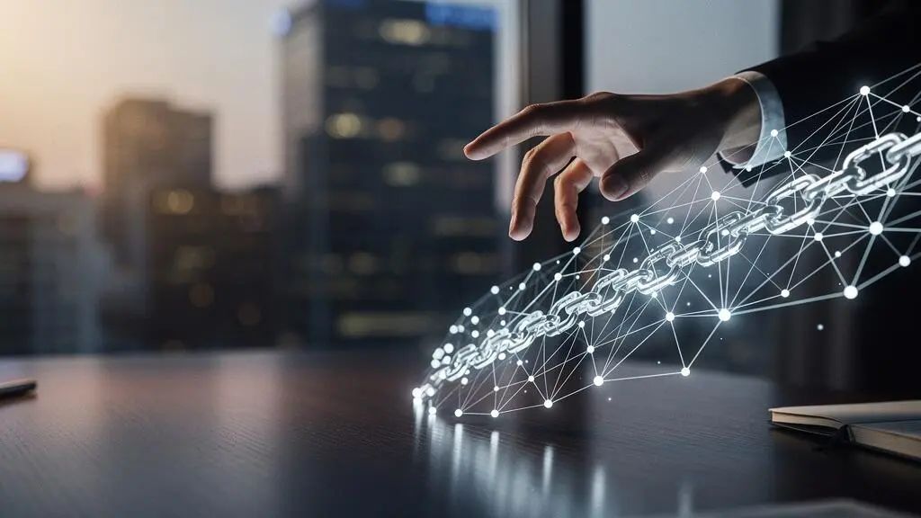 A hand tracing a luminous chain of light across a translucent ledger, symbolizing independent verification of a financial transaction settlement.