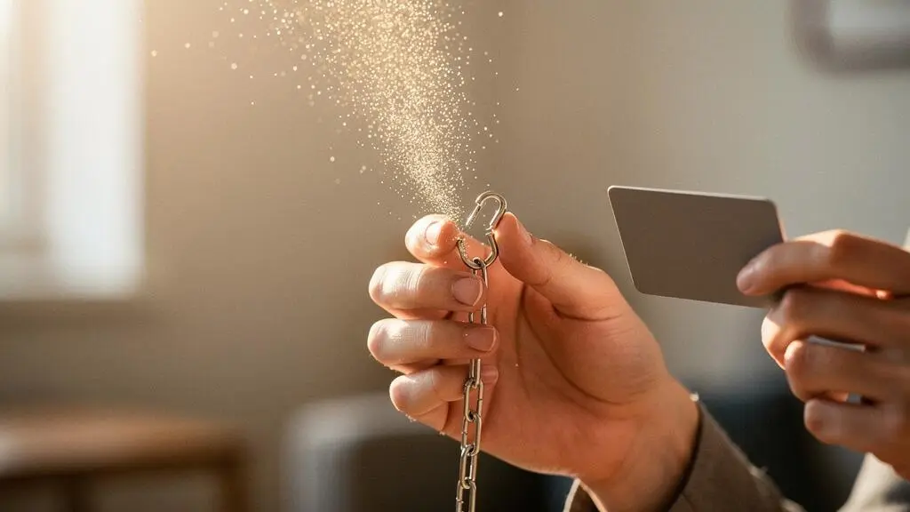 A person feeling a sense of relief and renewed control while breaking free from a symbolic chain, representing accelerated debt payoff through a 0% balance transfer strategy